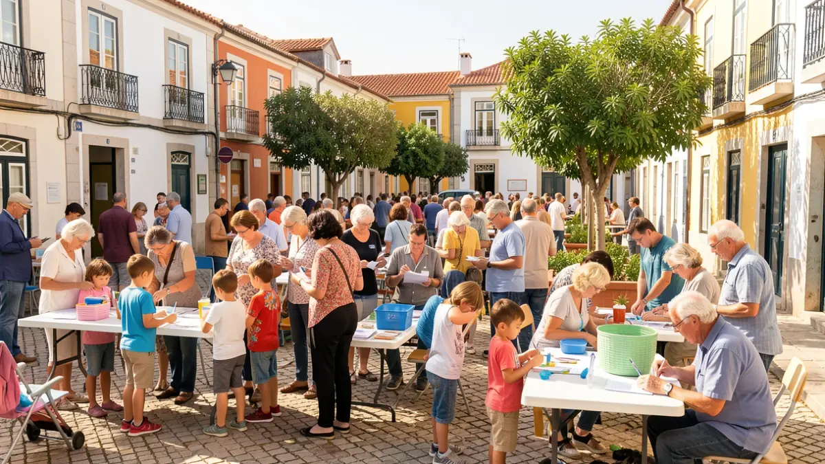 Generic image of a community health event in Portugal, with people of various ages participating in activities and screenings.