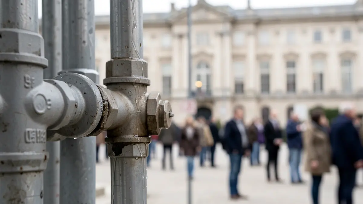Generic image of water pipes with a slight leak, representing a supply issue, with a blurred municipal building in the background.