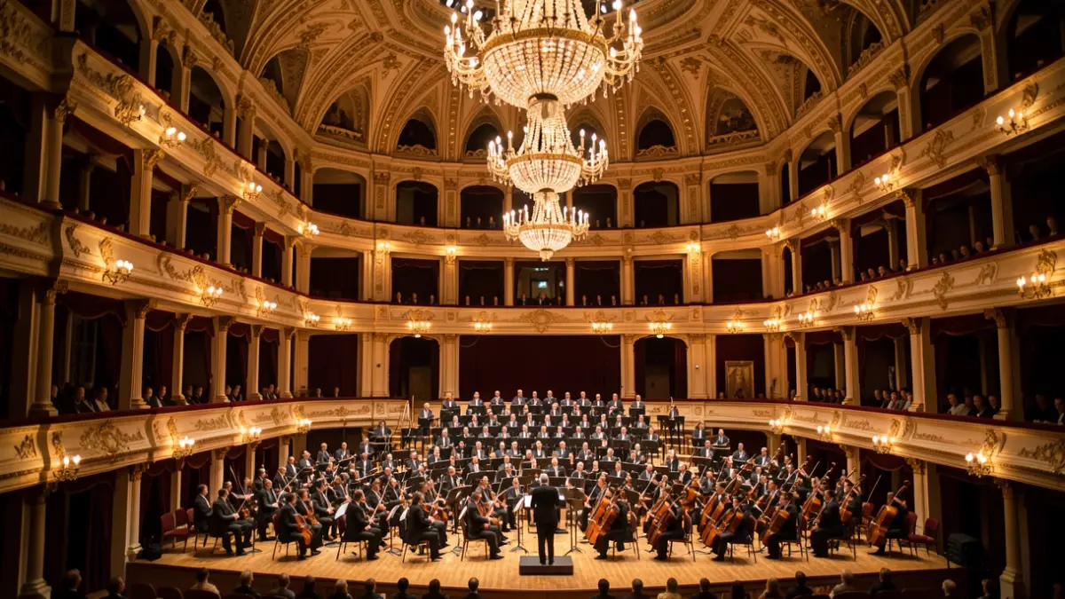 Imagem genérica de um grande salão de concertos com uma orquestra e coro em palco, sob iluminação dramática.