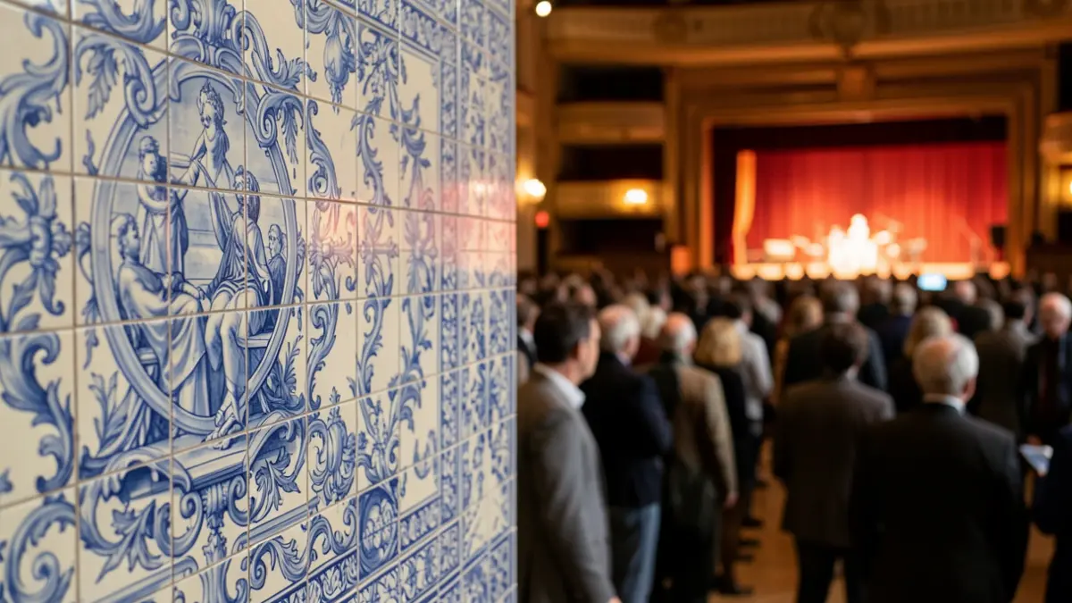 Pattern of traditional Portuguese azulejo tiles with a blurred concert hall stage in the background.