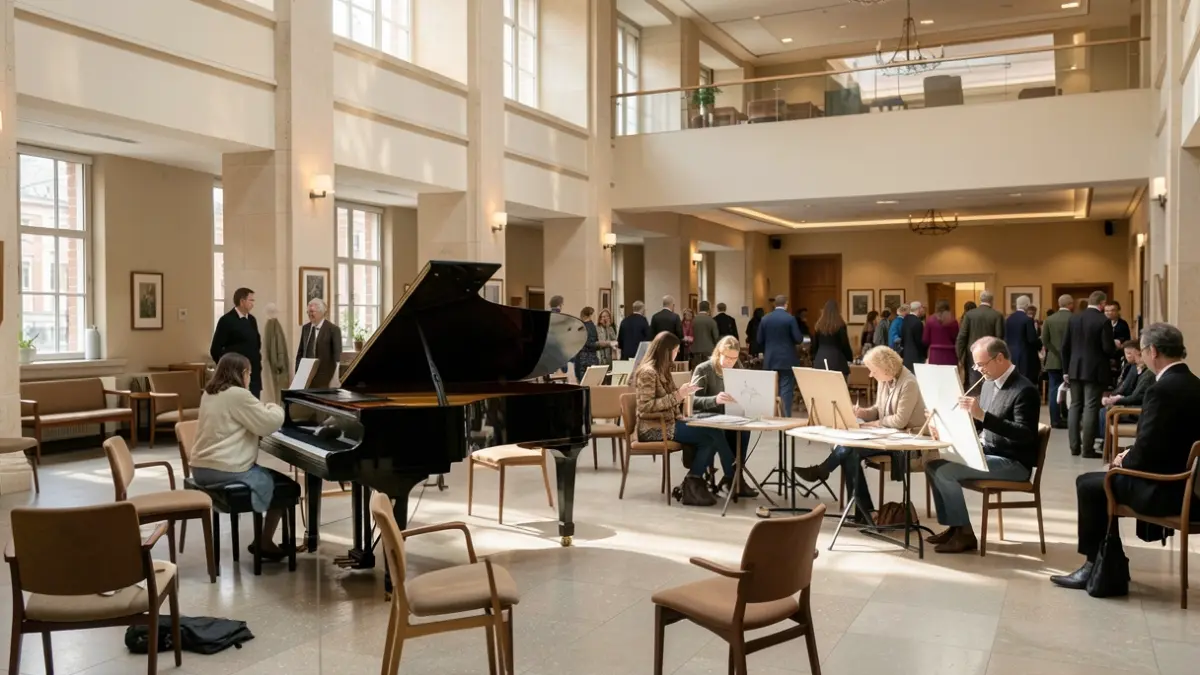 Imagen genérica de un atrio de hospital con un piano y artistas dibujando.