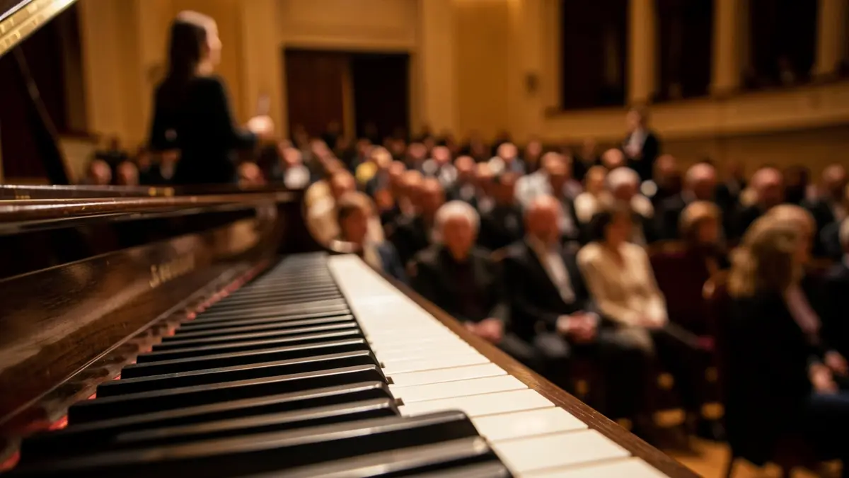 Imagen genérica de teclas de piano con la silueta de una cantante al fondo, en ambiente de concierto.