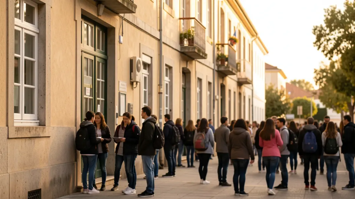 Generic image of a Portuguese school facade with blurred students in the background, late afternoon light.