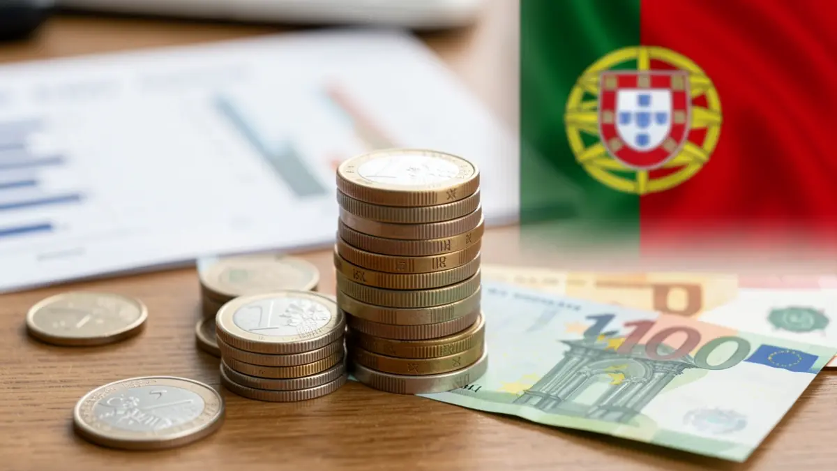 Imagem de moedas e notas de euro portuguesas sobre uma secretária, com um relatório financeiro desfocado ao fundo.