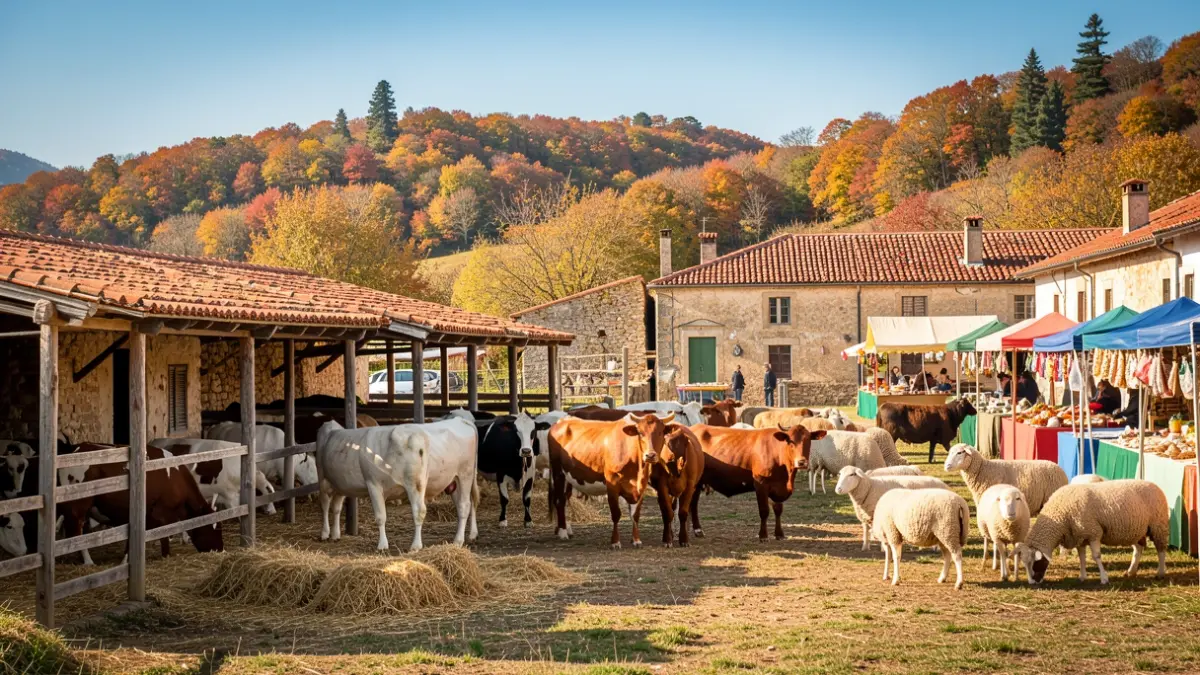 Generic image of a livestock competition in a Portuguese rural town, featuring animals and fair stalls.