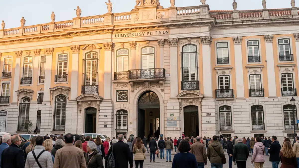 Facade of the Faculty of Law of the University of Lisbon, an imposing building with classic Portuguese architecture.