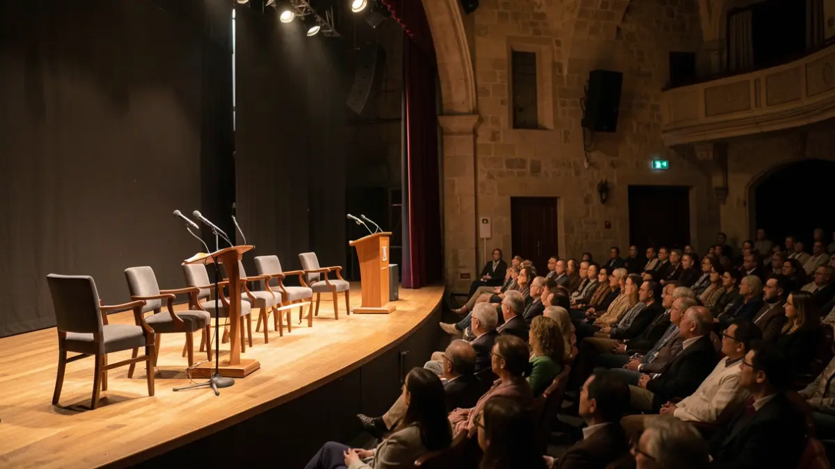 Palco do Teatro Ribeiro Conceição em Lamego com microfones e cadeiras para debate.