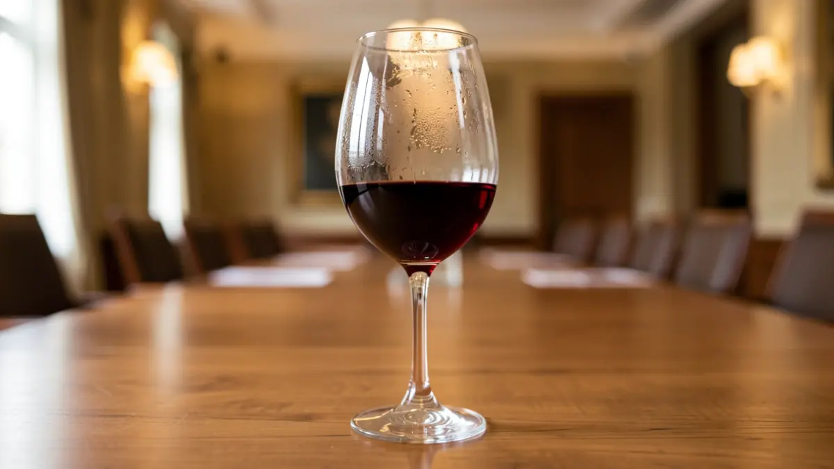 Generic image of a glass of red wine with condensation on a wooden table, with a blurred conference room background.