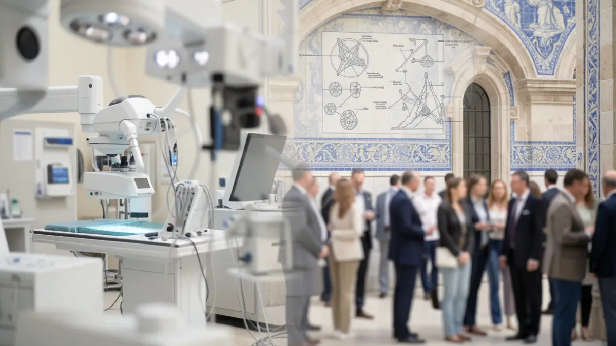 Imagen genérica de elementos de investigación en salud militar con detalles arquitectónicos portugueses.