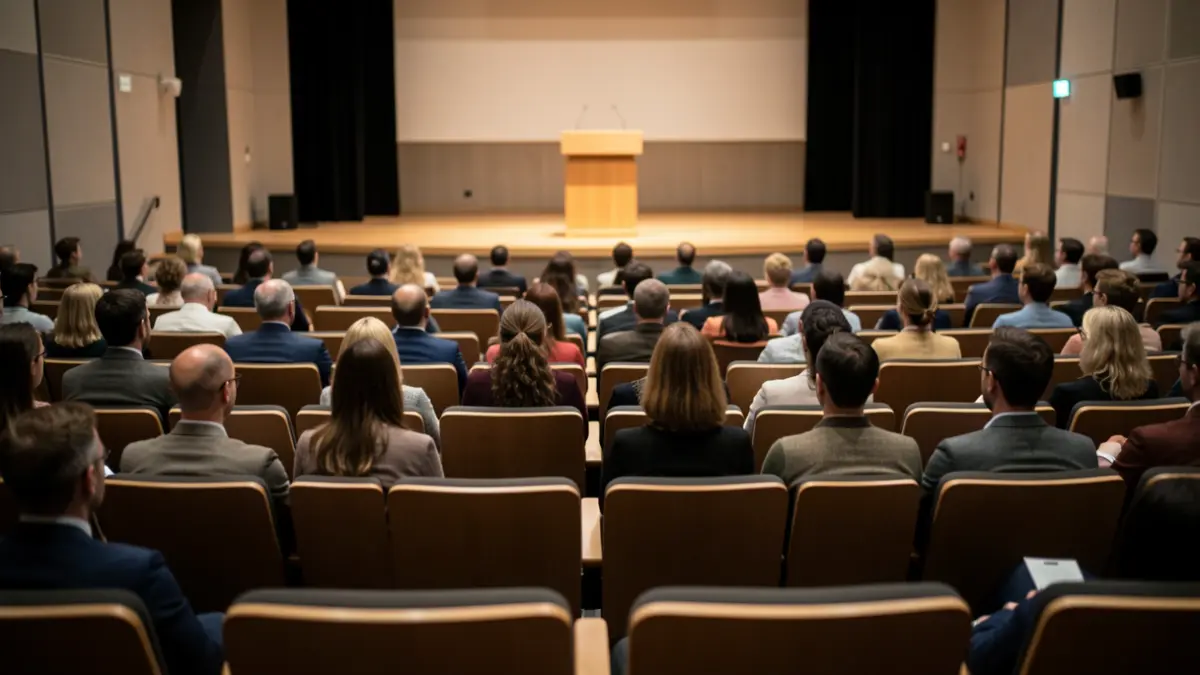 Imagen genérica de una sala de conferencias con asientos vacíos y un escenario con micrófonos.