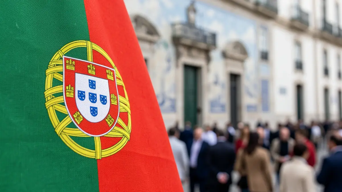Imagem de detalhe da textura de uma bandeira portuguesa com azulejos portugueses desfocados ao fundo.