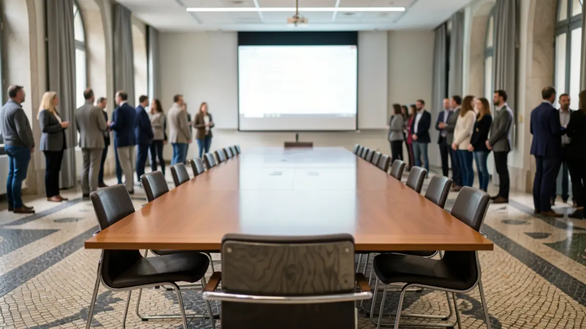 Imagen genérica de una sala de reuniones universitaria moderna con una mesa larga y sillas.