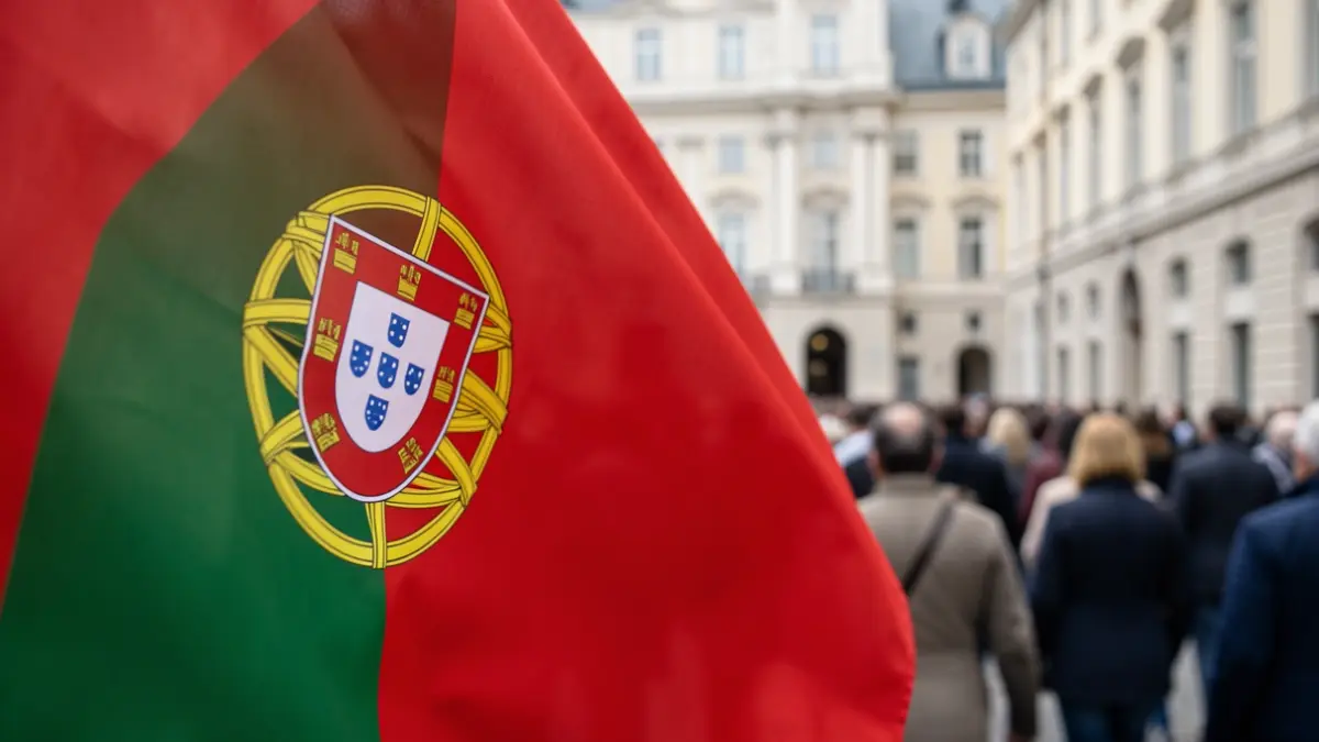 Imagem genérica das cores da bandeira portuguesa com arquitetura governamental desfocada.