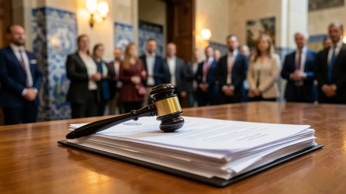 Generic image of a judge's gavel on official documents, with blurred Portuguese azulejos in the background.