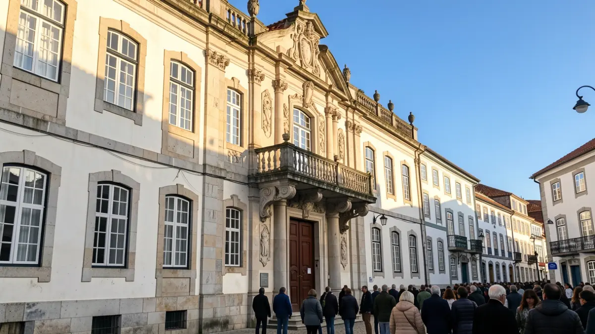 Fachada de um edifício municipal em Barcelos ao entardecer.