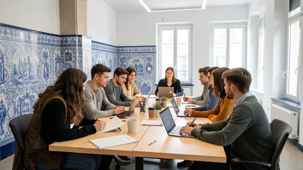 Imagem genérica de jovens reunidos numa sala de reuniões com elementos arquitetónicos portugueses, discutindo planos.