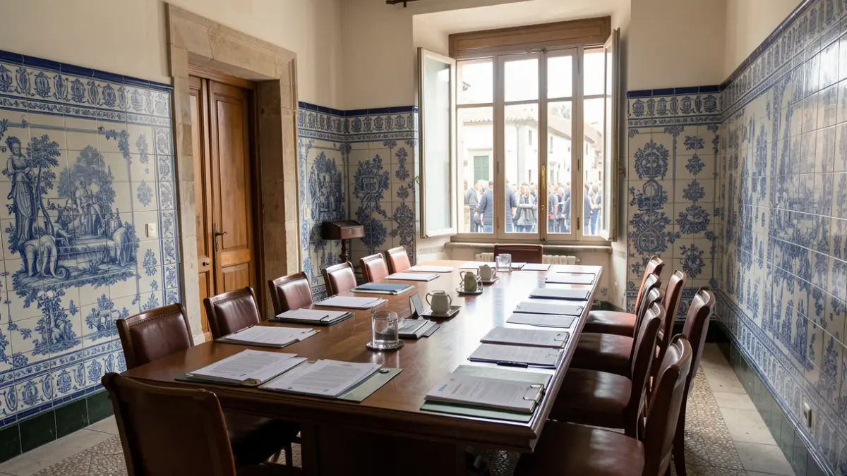 Sala de reuniones de un municipio portugués con azulejos tradicionales y luz natural.
