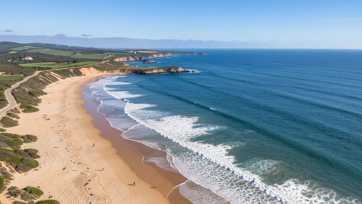 Imagem genérica da costa atlântica portuguesa, com praia e mar.