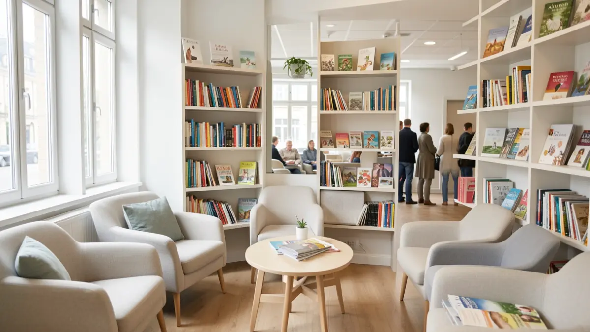 Generic image of a health unit waiting room with bookshelves.