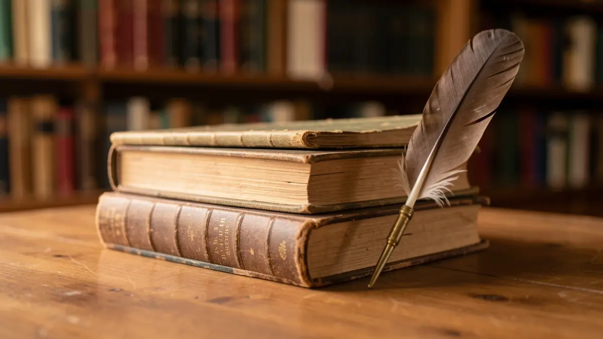 Imagen genérica de una pila de libros antiguos y una pluma sobre una mesa de madera, con estanterías desenfocadas al fondo.