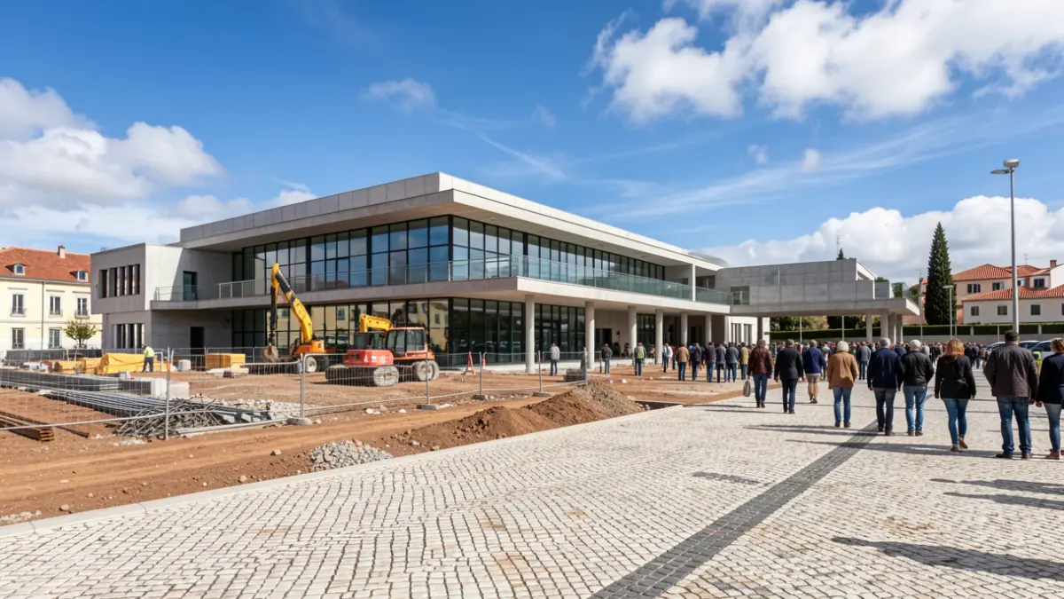 Imagem genérica de um estaleiro de construção de um centro tecnológico moderno em Portugal, com elementos arquitetónicos portugueses.