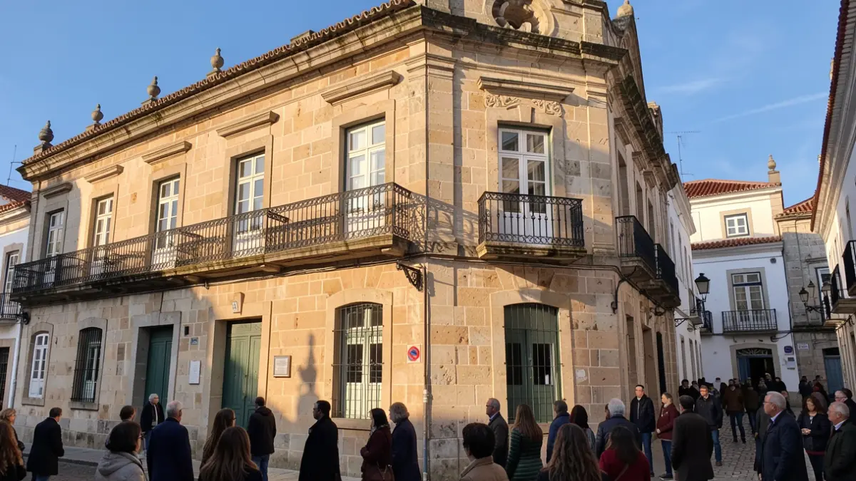 Imagem genérica de uma fachada de edifício municipal em pedra com varanda ornamentada e luz solar de tarde.