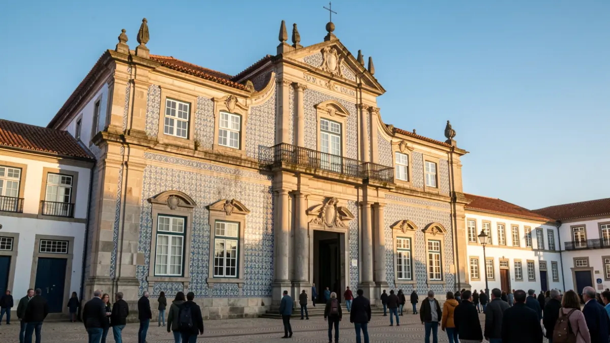 Fachada de um convento histórico português com detalhes arquitetónicos ornamentados, banhada pela luz quente da tarde e céu azul.