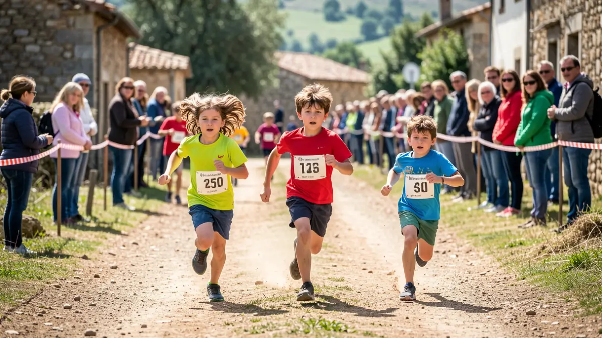Imagem genérica de crianças a correr numa prova de corta-mato escolar em ambiente rural.