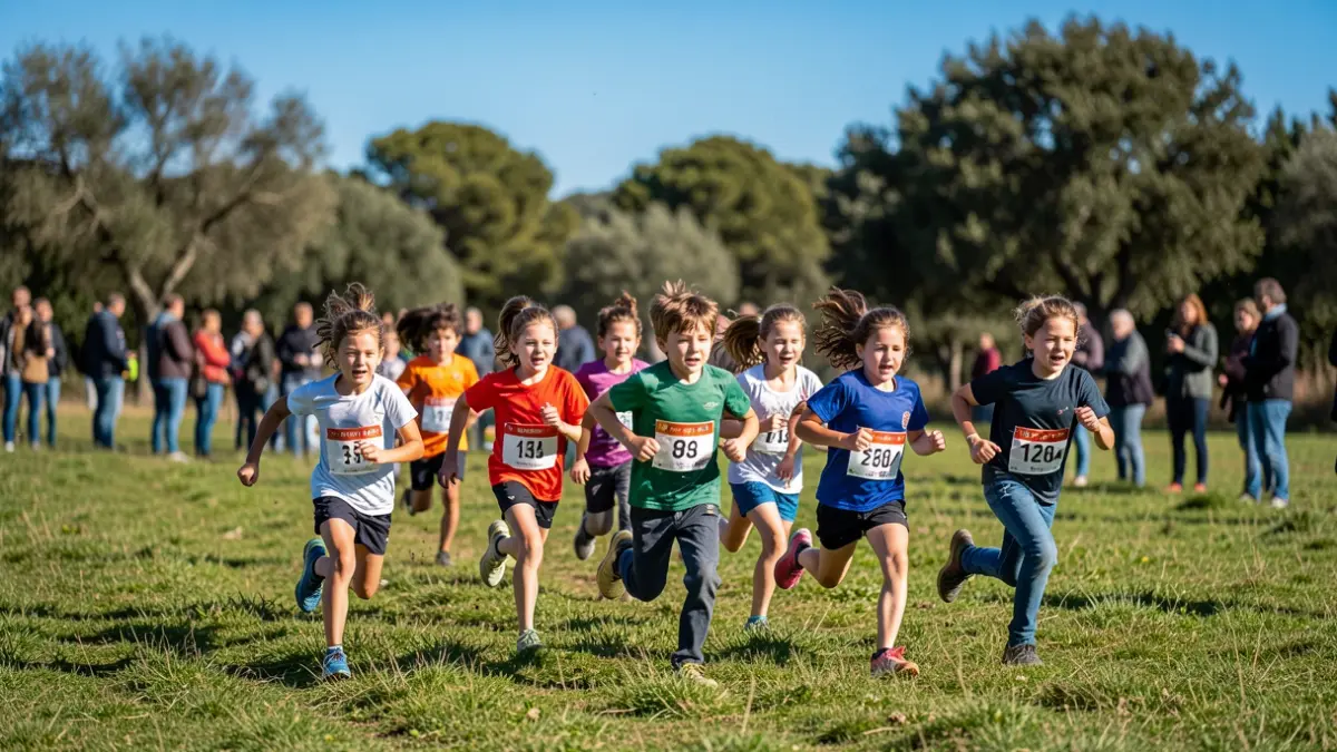 Imagem genérica de alunos a correr numa prova desportiva em campo relvado.