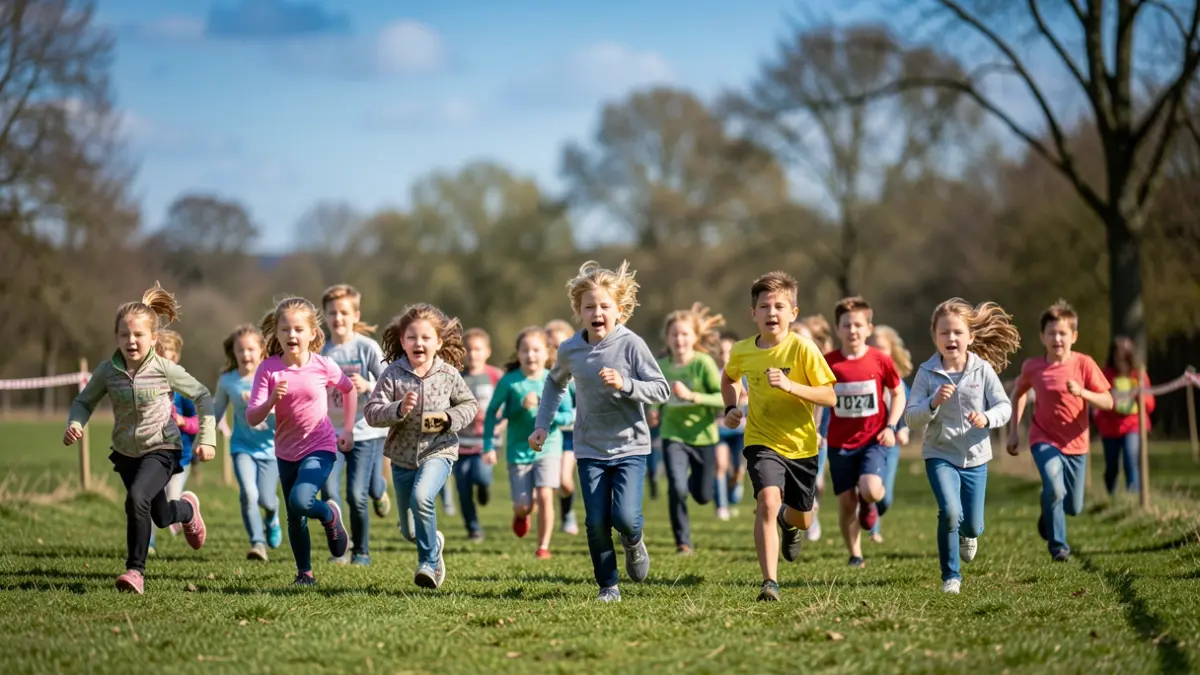 Generic image of students running on a grassy field during a sports event.