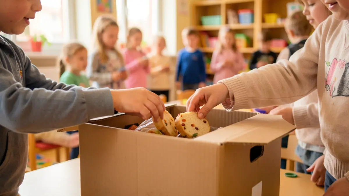 Generic image of children's hands placing food items into a donation box, with a blurred background of a kindergarten classroom.