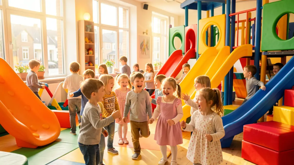 Niños jugando juntos en un parque infantil interior con toboganes coloridos y estructuras de juego blandas, bajo luz natural.