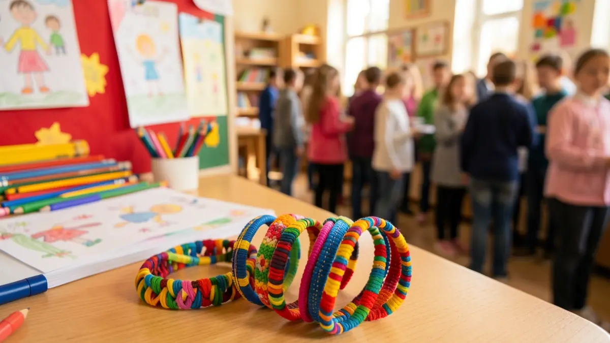 Generic image of colorful handmade bracelets with a blurred background of school supplies.
