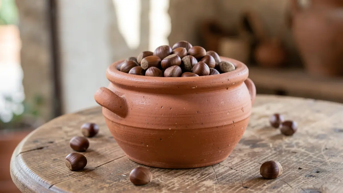 Imagem genérica de um tradicional pote de barro português para assar castanhas, conhecido localmente como 'bruxa'.