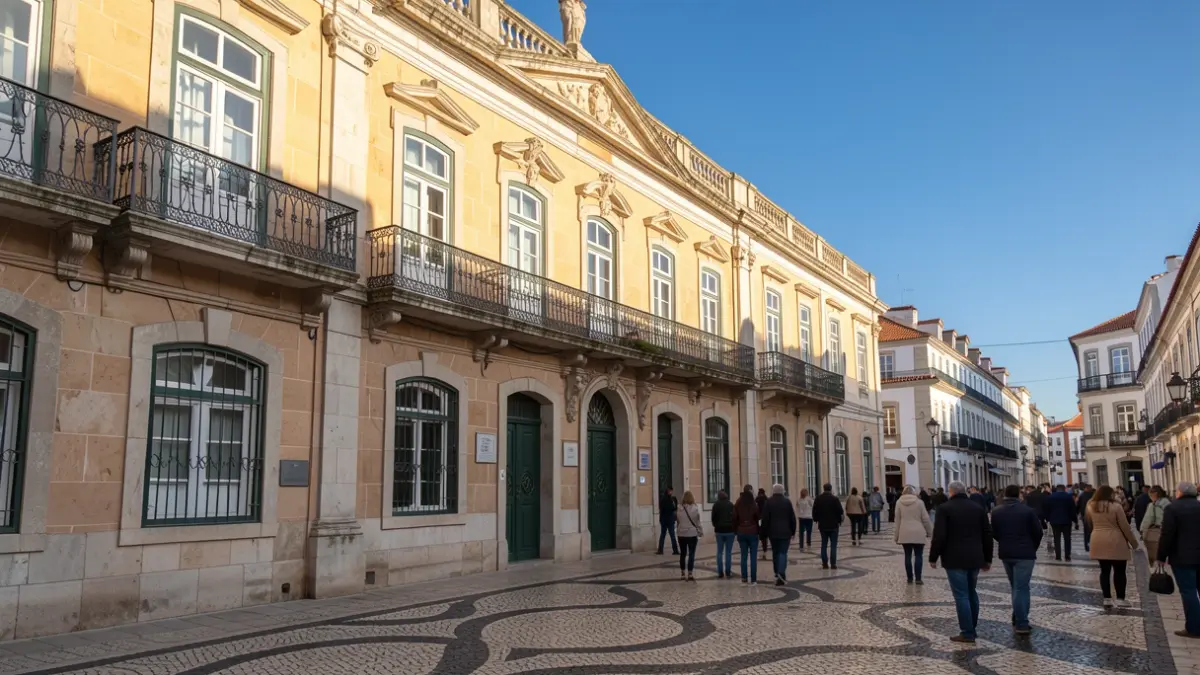 Facade of the Amadora Municipal Hall with an ornate balcony and afternoon sunlight.