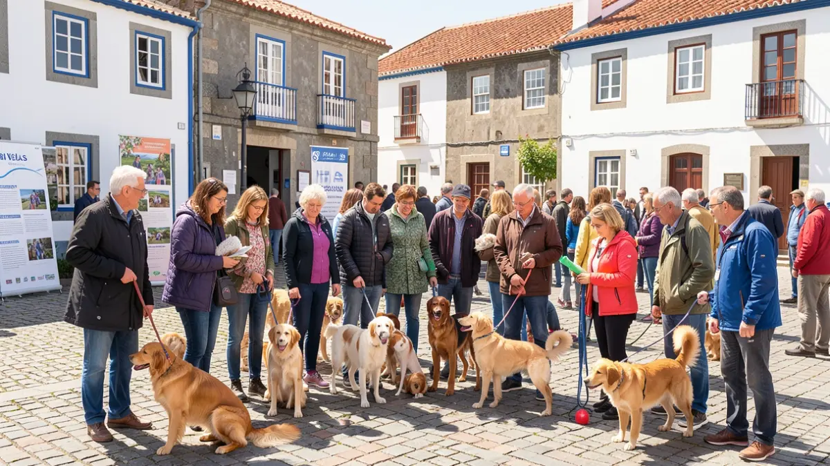 Grupo de pessoas e cães numa praça em Velas, São Jorge, durante uma campanha de adoção animal.