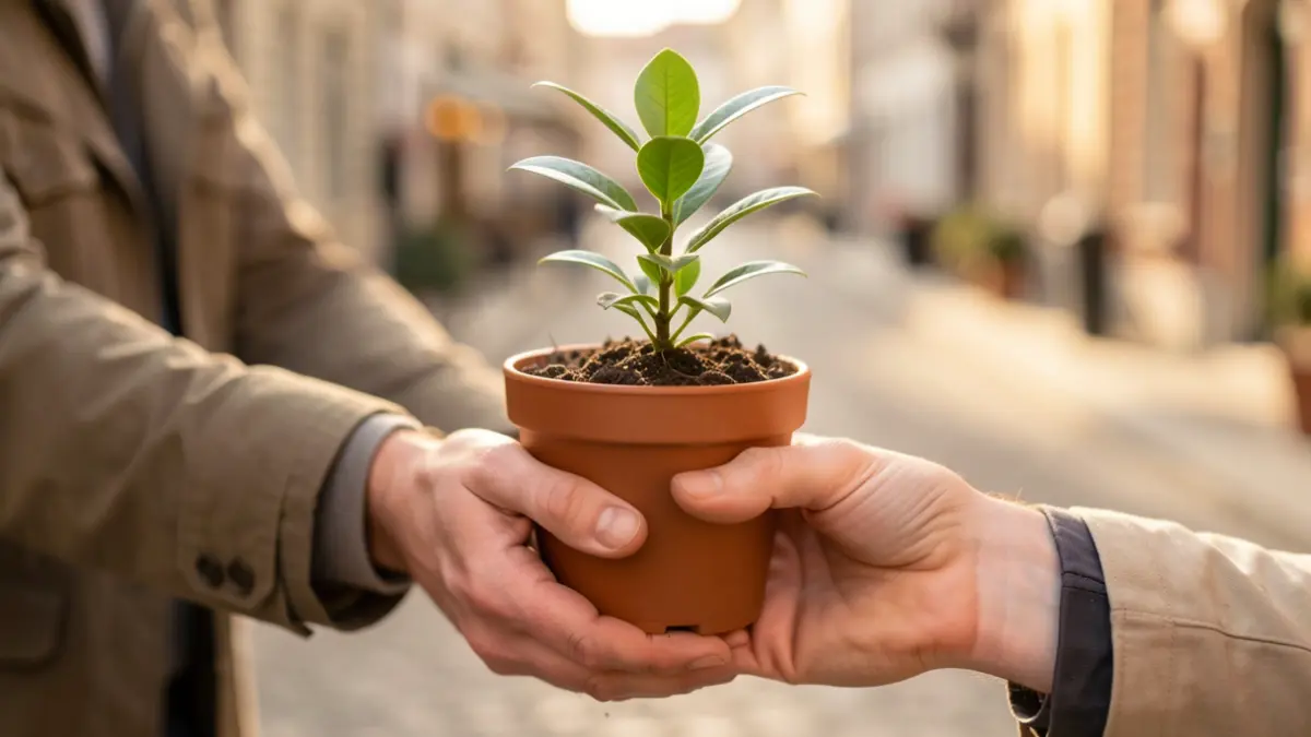 Generic image of hands receiving a small potted plant, with other blurred hands in the background, symbolizing support and recovery.