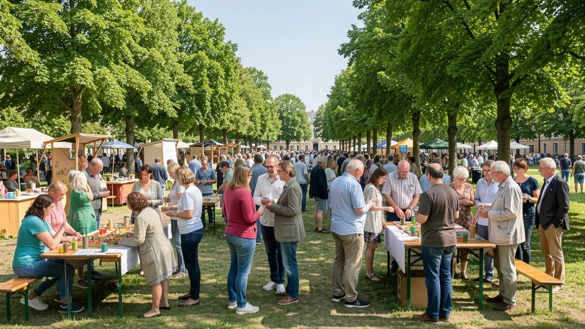 Generic image of a diverse group of people interacting at outdoor stands in a park, with a positive and educational atmosphere.