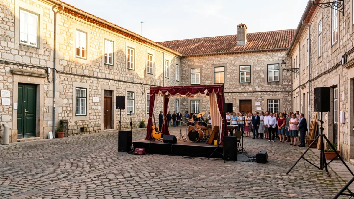 Generic image of a Portuguese village square with theater props and musical instruments.