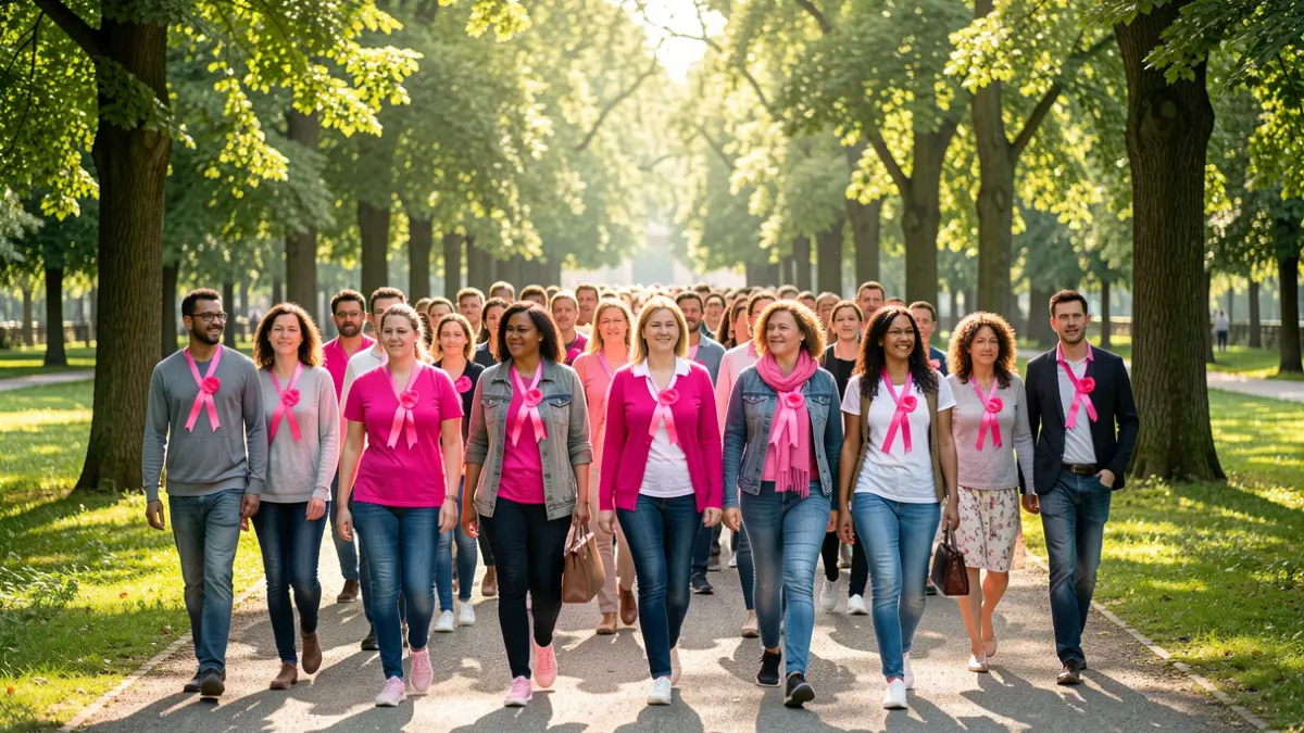 Imagen genérica de un grupo de personas caminando juntas en un parque, vistiendo lazos rosas, en un gesto de solidaridad.