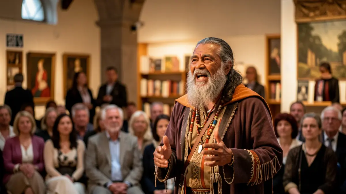 Imagem genérica de um xamã indígena a falar num palco, com público desfocado ao fundo, em ambiente de festival literário.