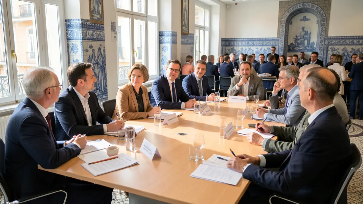 Imagem de um grupo diversificado de profissionais a debater num ambiente de conferência em Portugal.