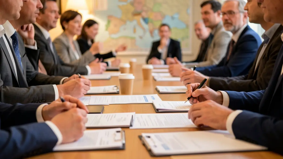 Generic image of hands of participants in a territorial planning meeting with blurred documents and a regional map.