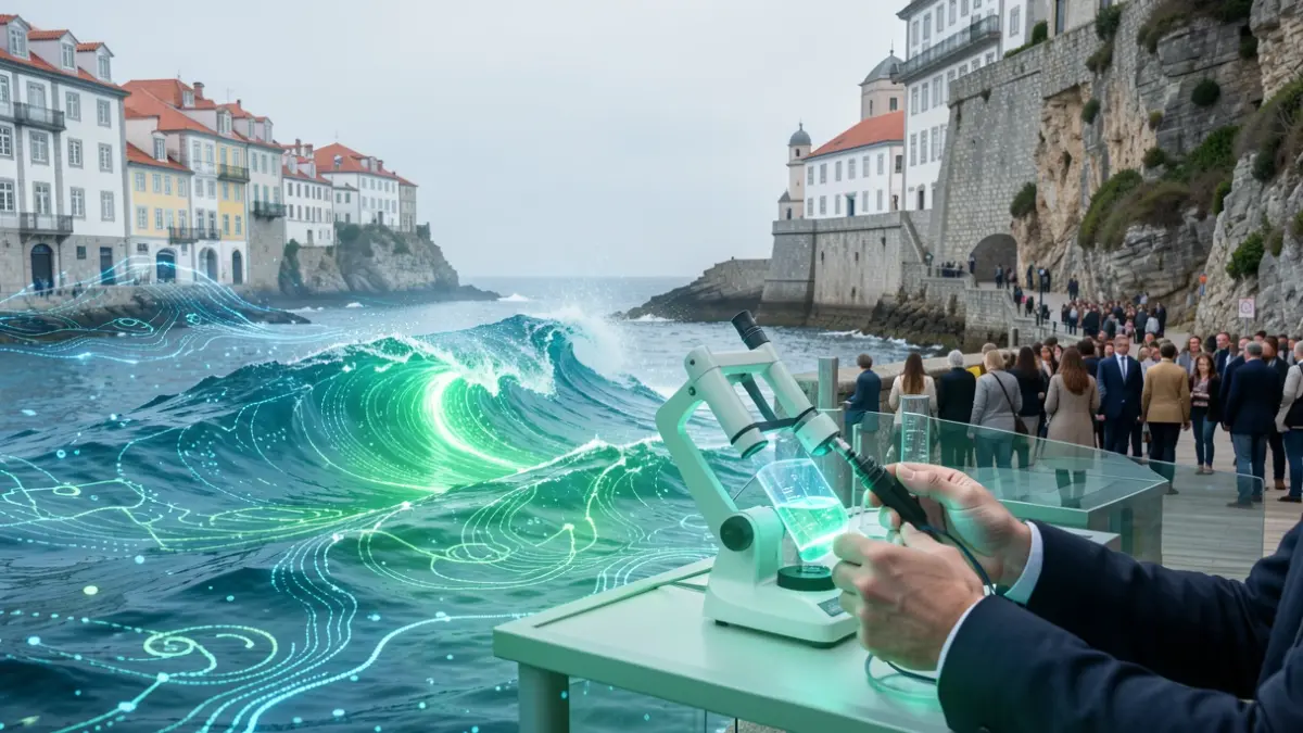 Imagem genérica de ondas digitais abstratas a fundirem-se com equipamento científico e mãos humanas, com arquitetura costeira portuguesa ao fundo.
