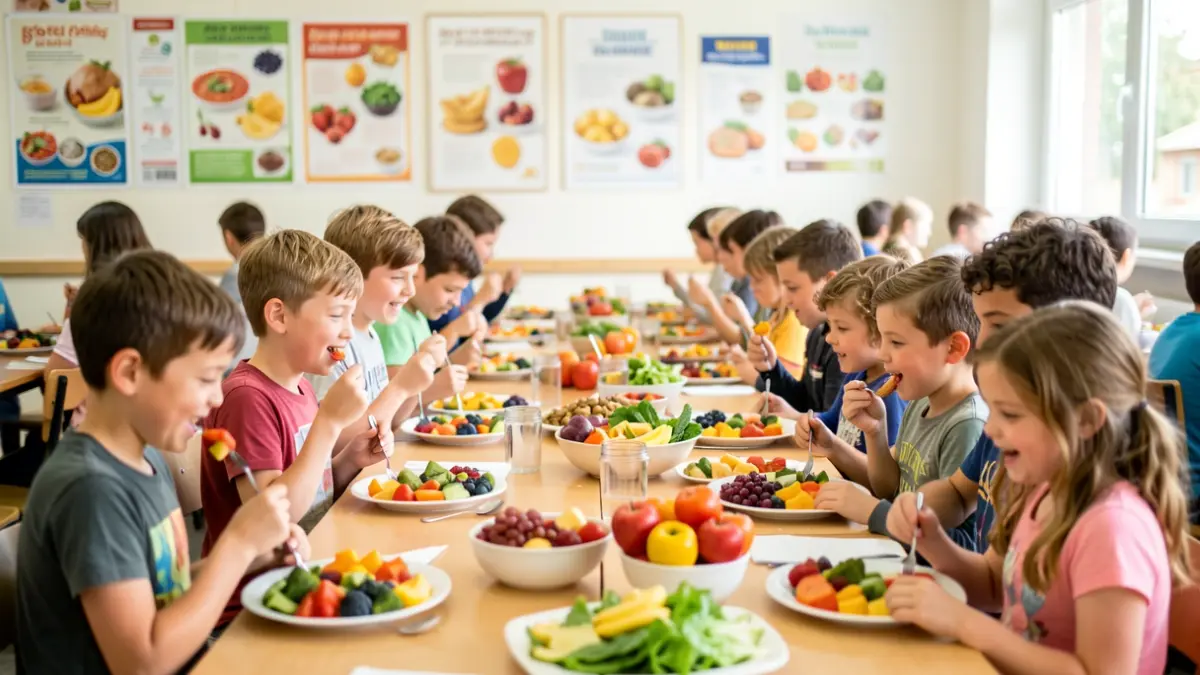 Imagem genérica de crianças e adolescentes a comer fruta e vegetais numa cantina escolar, com cartazes sobre alimentação saudável ao fundo.