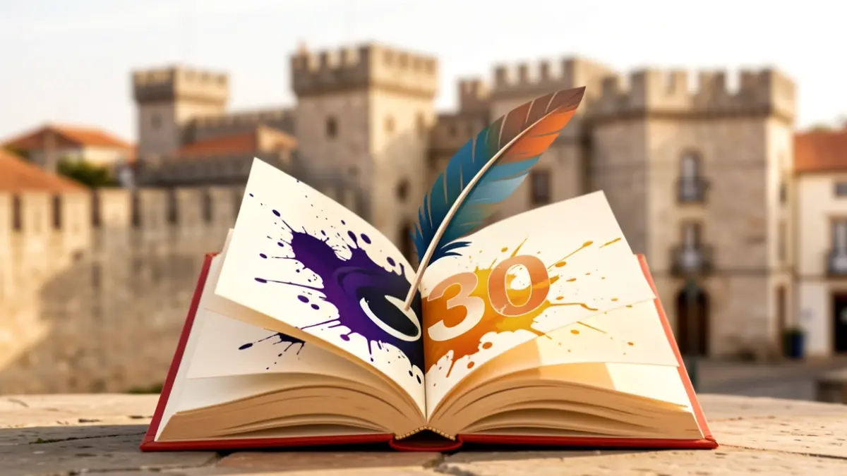 Ilustração de um livro aberto com uma pena e o número 30, e Óbidos ao fundo.