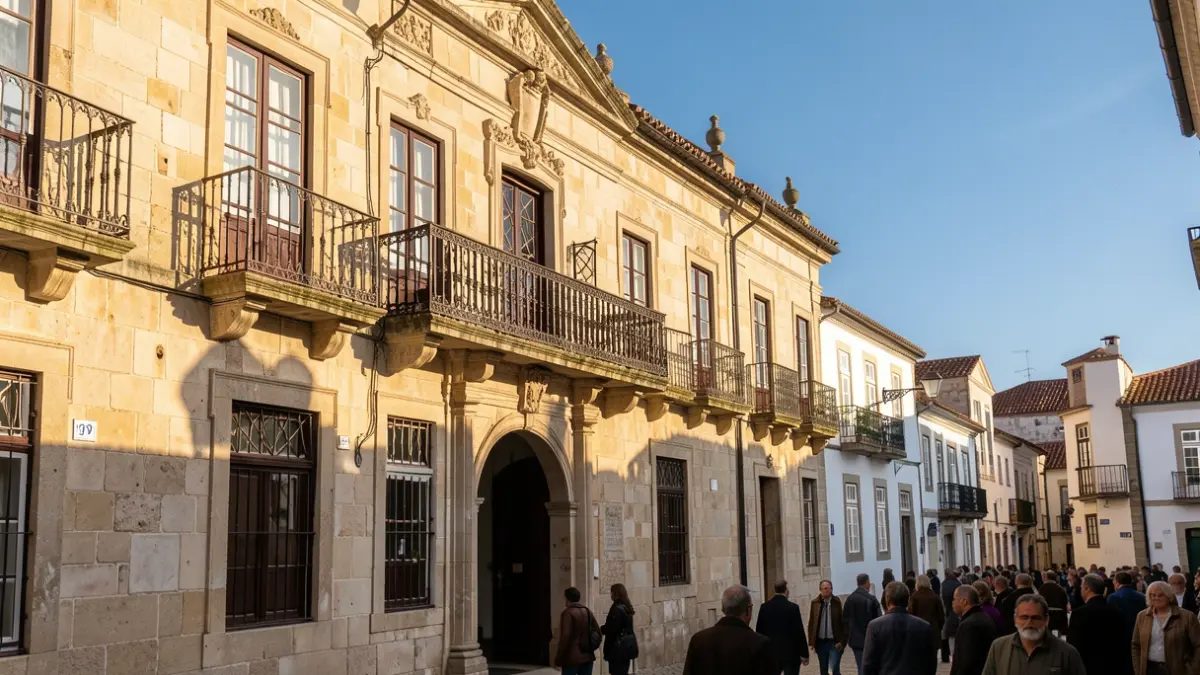 Imagem genérica de uma fachada de edifício municipal em pedra com varanda ornamentada, à luz do sol da tarde.