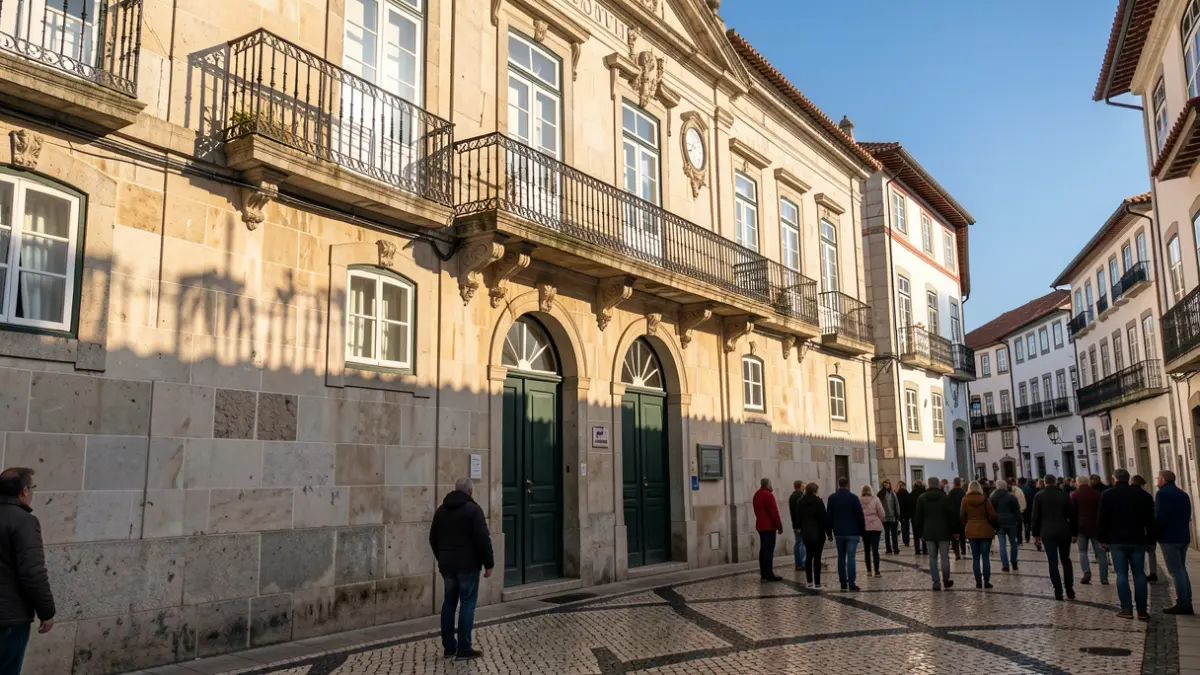 Generic image of a Portuguese municipal building facade with an ornate balcony and afternoon sunlight.