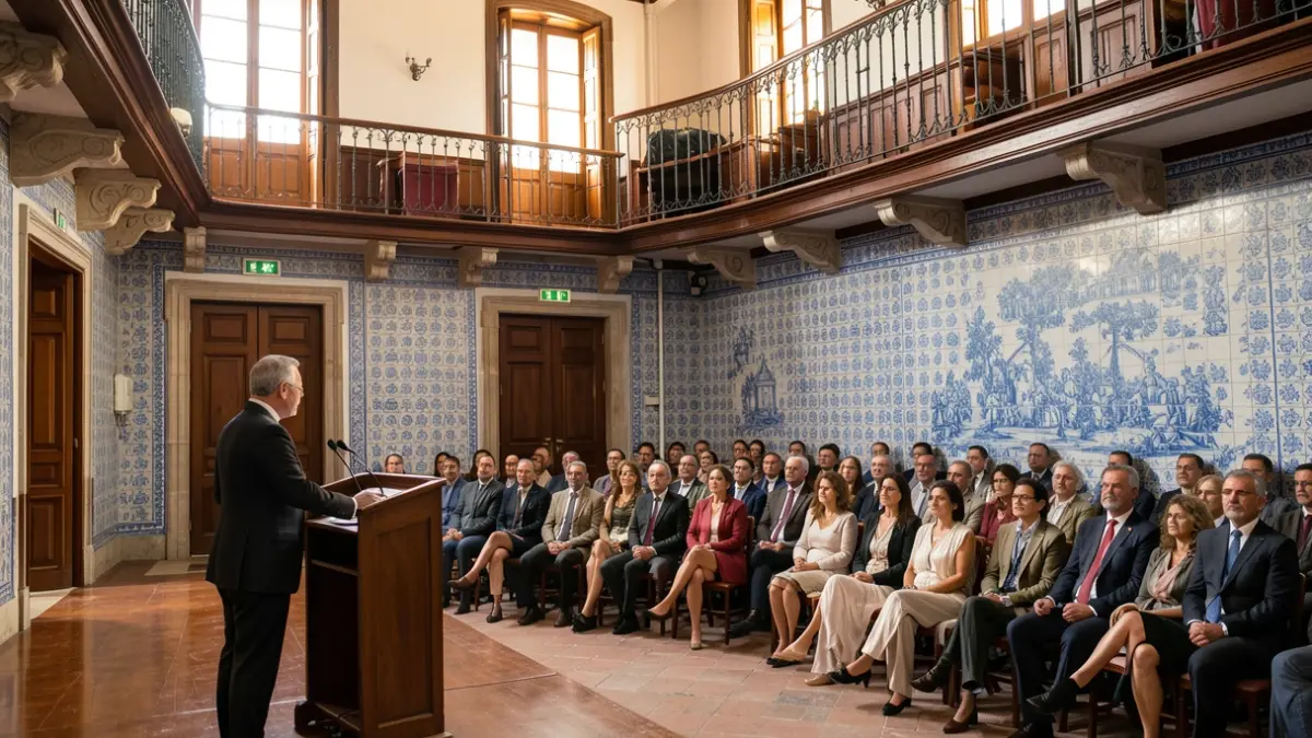 Image of an official ceremony in a room with Portuguese architecture.