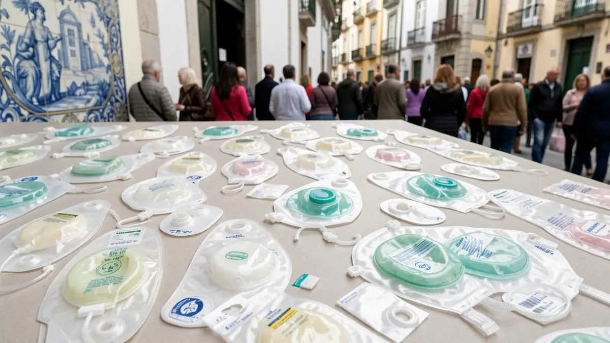 Composição artística de dispositivos de ostomia, representando a diversidade de utentes acompanhados pela ULS Amadora/Sintra.